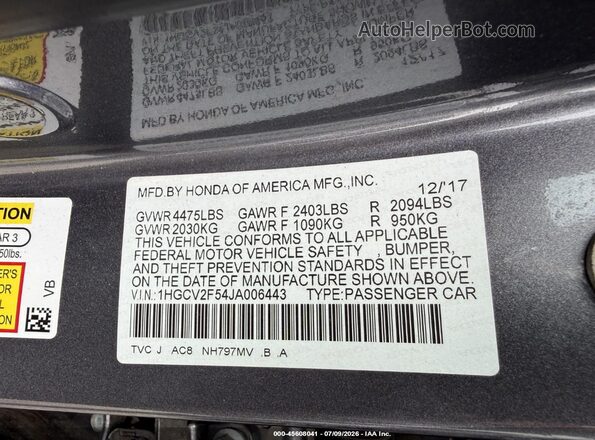 1HGCV2F54JA006443 2018 HONDA ACCORD Gray Vista del compartimento del motor