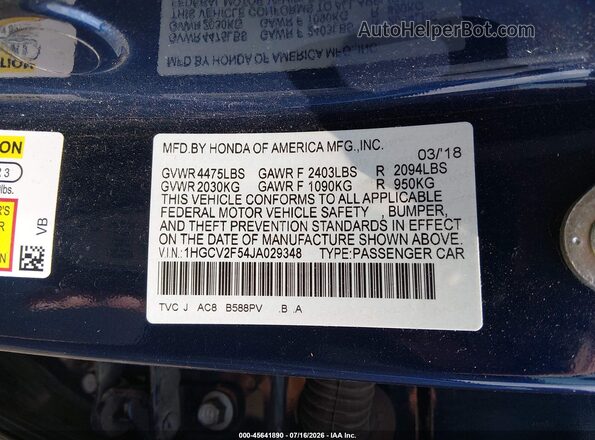 1HGCV2F54JA029348 2018 HONDA ACCORD Blue Widok komory silnika