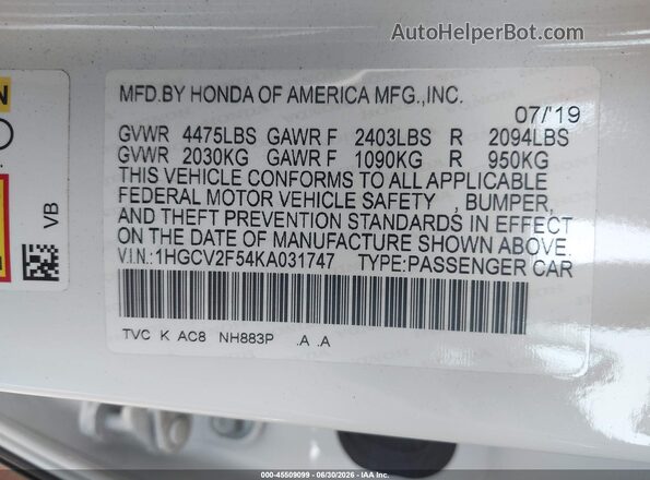 1HGCV2F54KA031747 2019 HONDA ACCORD White Widok komory silnika