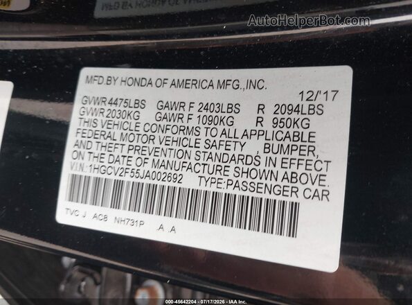 1HGCV2F55JA002692 2018 HONDA ACCORD Black Widok komory silnika