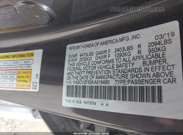 1HGCV2F55KA016450 2019 HONDA ACCORD Gray ძრავის განყოფილების ხედი