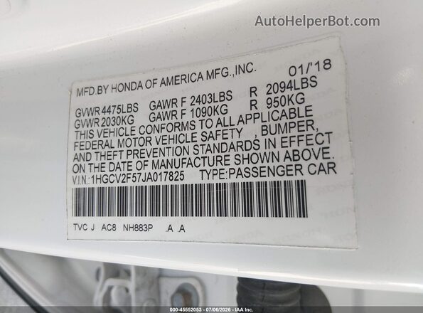 1HGCV2F57JA017825 2018 HONDA ACCORD White Widok komory silnika