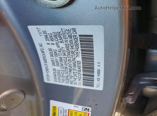 1HGCV2F58JA001925 2018 HONDA ACCORD Silver Շարժիչի բաժամունքի տեսք