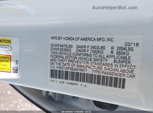 1HGCV2F58JA019471 2018 HONDA ACCORD Белый Вид подкапотного пространства