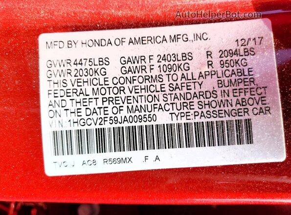 1HGCV2F59JA009550 2018 HONDA ACCORD Maroon VIN კოდის სტიკერის ხედი