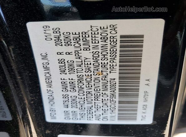 1HGCV2F59KA009274 2019 HONDA ACCORD Black ძრავის განყოფილების ხედი