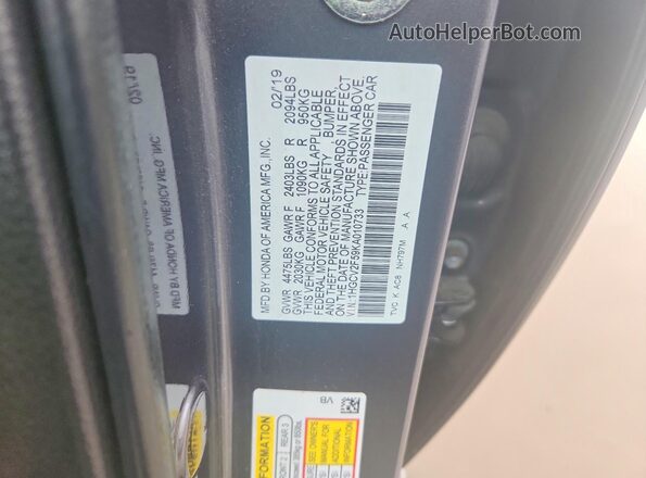 1HGCV2F59KA010733 2019 HONDA ACCORD Gray Вид підкапотного простору