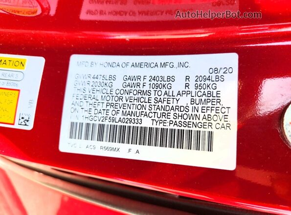 1HGCV2F59LA029333 2020 HONDA ACCORD Red VIN კოდის სტიკერის ხედი