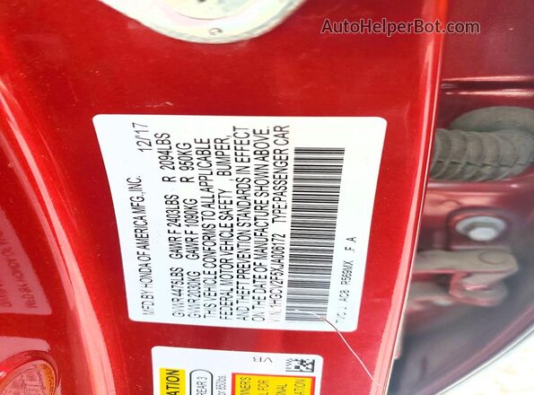 1HGCV2F5XJA006172 2018 HONDA ACCORD Red Vista del compartimento del motor