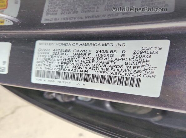 1HGCV2F5XKA013494 2019 HONDA ACCORD Gray VIN კოდის სტიკერის ხედი