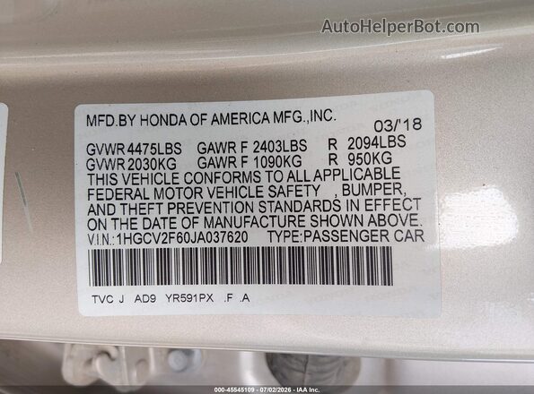 1HGCV2F60JA037620 2018 HONDA ACCORD Бежевый Вид подкапотного пространства