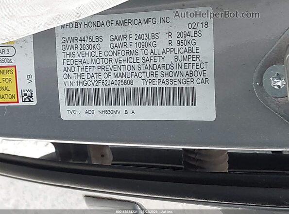 1HGCV2F62JA025808 2018 HONDA ACCORD Silver Engine compartment view