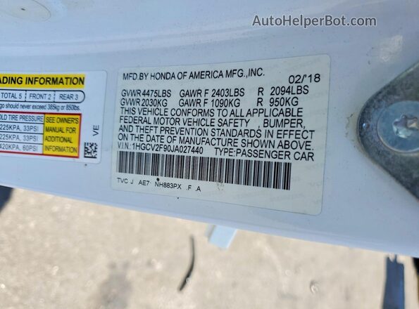 1HGCV2F90JA027440 2018 HONDA ACCORD White Вид підкапотного простору