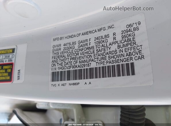 1HGCV2F90KA029187 2019 HONDA ACCORD White Вид підкапотного простору