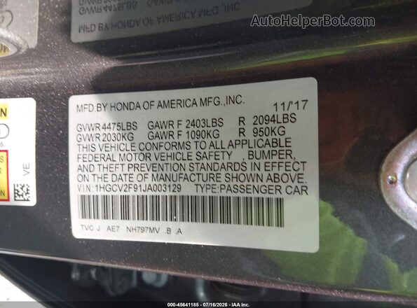 1HGCV2F91JA003129 2018 HONDA ACCORD Gray Շարժիչի բաժամունքի տեսք