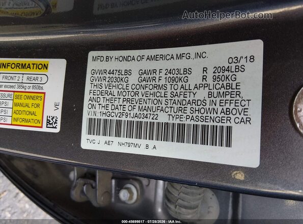 1HGCV2F91JA034722 2018 HONDA ACCORD Gray Вид підкапотного простору