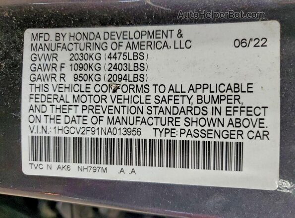 1HGCV2F91NA013956 2022 HONDA ACCORD Gray Շարժիչի բաժամունքի տեսք