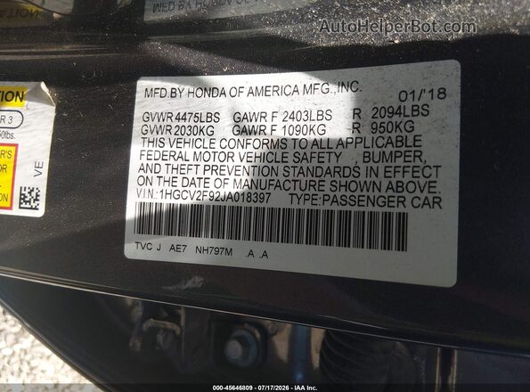 1HGCV2F92JA018397 2018 HONDA ACCORD Gray ძრავის განყოფილების ხედი