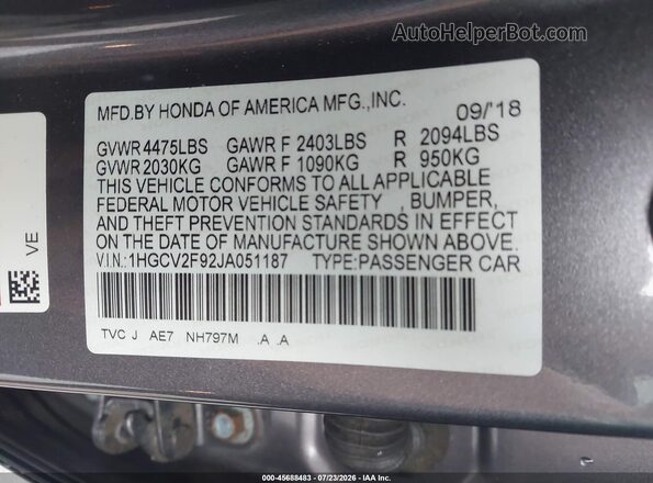 1HGCV2F92JA051187 2018 HONDA ACCORD Gray Vista del compartimento del motor