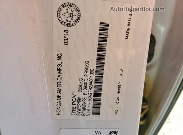 1HGCV2F92JA801090 2018 HONDA ACCORD White Vista de la etiqueta del VIN