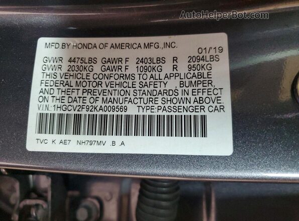 1HGCV2F92KA009569 2019 HONDA ACCORD Gray Вид наклейки з VIN-кодом