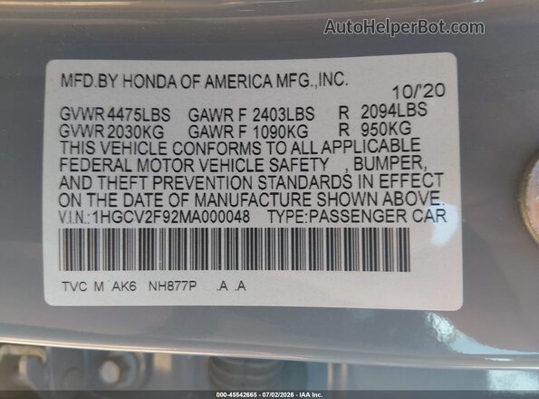 1HGCV2F92MA000048 2021 HONDA ACCORD Gray Вид підкапотного простору