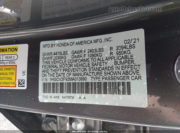 1HGCV2F92MA013690 2021 HONDA ACCORD Gray Вид підкапотного простору