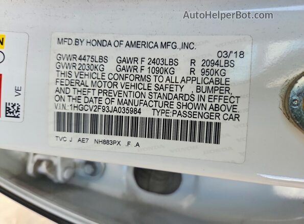 1HGCV2F93JA035984 2018 HONDA ACCORD White Vista del compartimento del motor