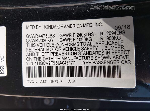 1HGCV2F93JA043177 2018 HONDA ACCORD Black Widok komory silnika