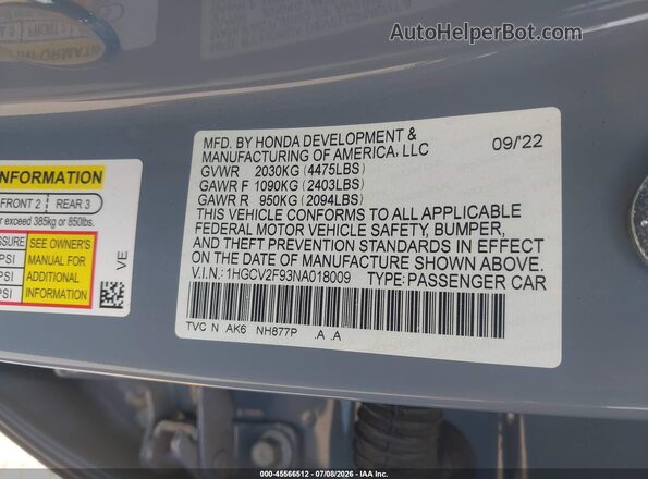 1HGCV2F93NA018009 2022 HONDA ACCORD Light Blue ძრავის განყოფილების ხედი