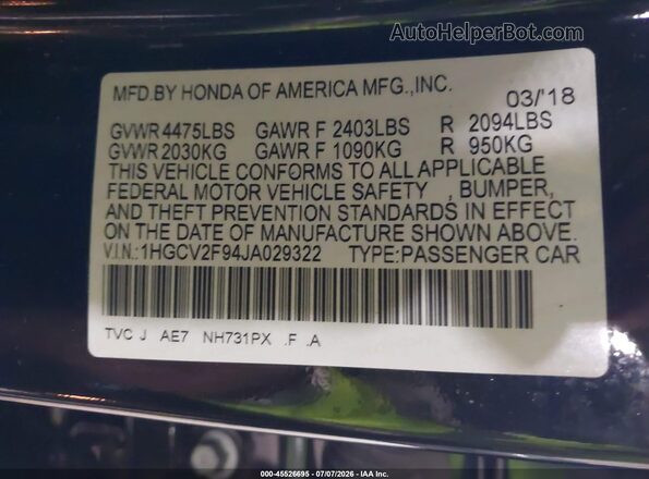 1HGCV2F94JA029322 2018 HONDA ACCORD Black Вид підкапотного простору