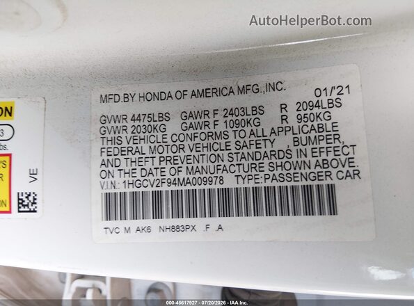 1HGCV2F94MA009978 2021 HONDA ACCORD White Widok komory silnika