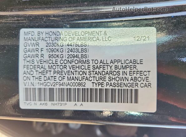 1HGCV2F94NA000862 2022 HONDA ACCORD Black VIN კოდის სტიკერის ხედი