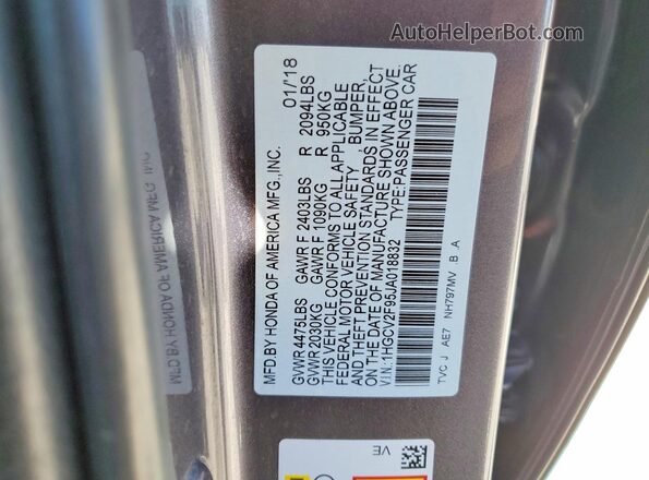 1HGCV2F95JA018832 2018 HONDA ACCORD Gray VIN კოდის სტიკერის ხედი