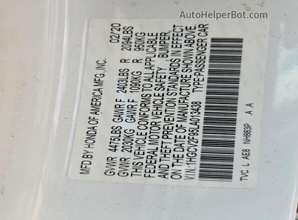 1HGCV2F95LA013438 2020 HONDA ACCORD White Vista del compartimento del motor