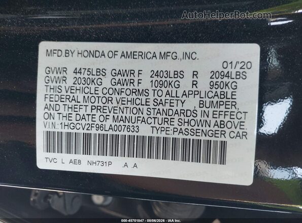 1HGCV2F96LA007633 2020 HONDA ACCORD Черный Вид подкапотного пространства