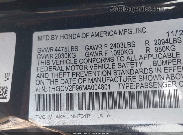 1HGCV2F96MA004801 2021 HONDA ACCORD Black Vista del compartimento del motor