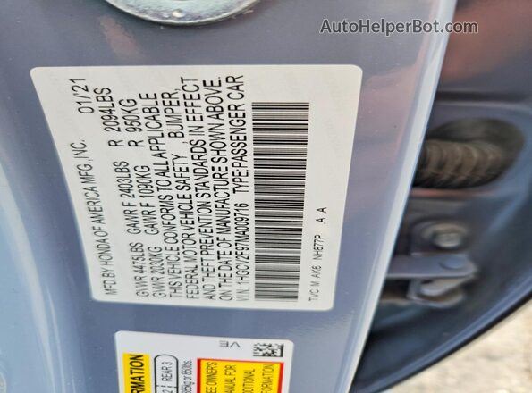 1HGCV2F97MA009716 2021 HONDA ACCORD Gray Widok naklejki z numerem VIN