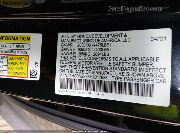 1HGCV2F97MA017833 2021 HONDA ACCORD Black Engine compartment view