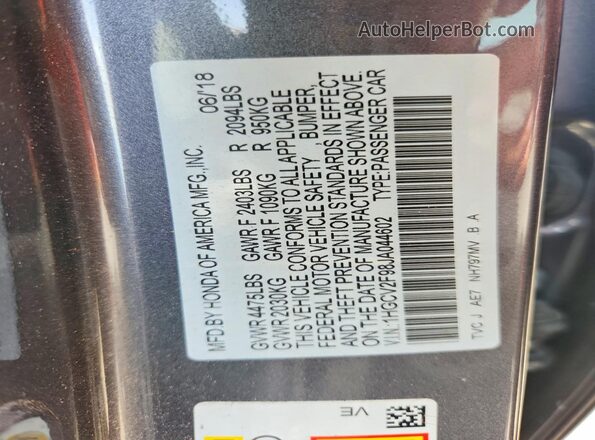1HGCV2F98JA044602 2018 HONDA ACCORD Charcoal Շարժիչի բաժամունքի տեսք