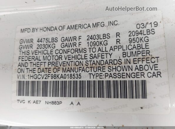1HGCV2F98KA018535 2019 HONDA ACCORD White Vista del compartimento del motor