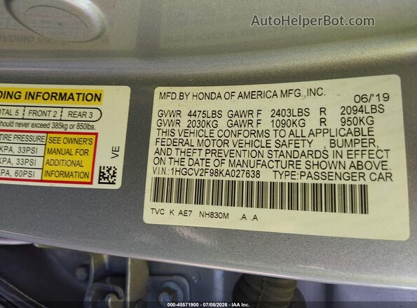 1HGCV2F98KA027638 2019 HONDA ACCORD Silver Vista del compartimento del motor