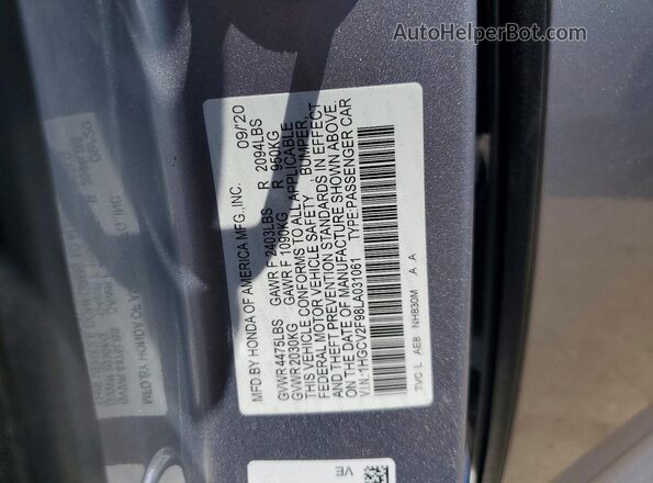 1HGCV2F98LA031061 2020 HONDA ACCORD Silver Engine compartment view