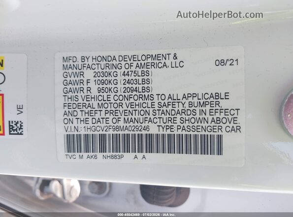 1HGCV2F98MA029246 2021 HONDA ACCORD White Вид підкапотного простору