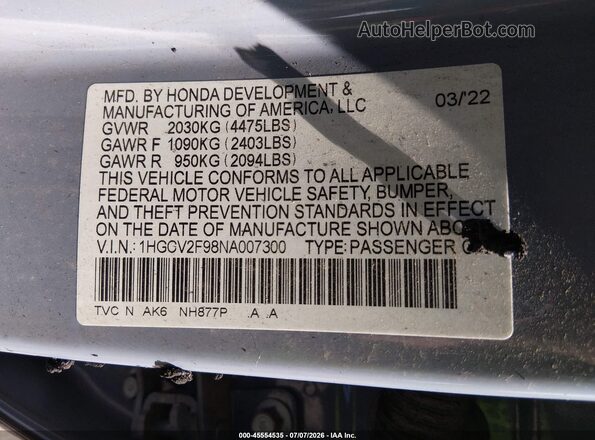 1HGCV2F98NA007300 2022 HONDA ACCORD Gray Widok komory silnika