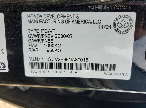 1HGCV2F98NA800161 2022 HONDA ACCORD Black Engine compartment view