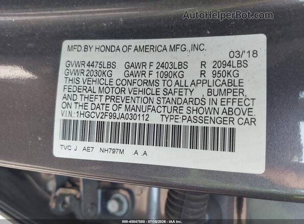1HGCV2F99JA030112 2018 HONDA ACCORD Gray Widok komory silnika