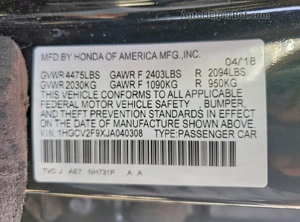 1HGCV2F9XJA040308 2018 HONDA ACCORD Black Widok komory silnika