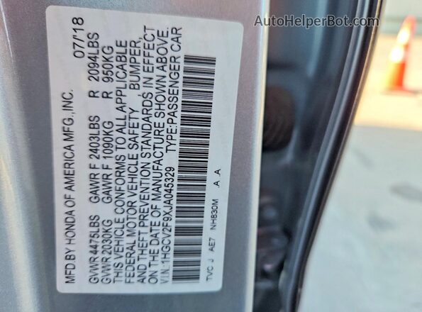 1HGCV2F9XJA045329 2018 HONDA ACCORD Silver Շարժիչի բաժամունքի տեսք