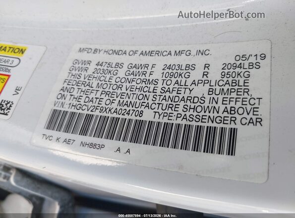 1HGCV2F9XKA024708 2019 HONDA ACCORD White Widok komory silnika
